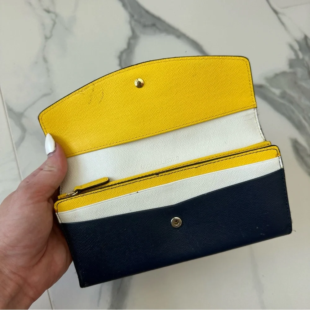 MICHAEL KORS Navy Blue & Yellow Leather Long Wallet Clutch Gold Hardware Button